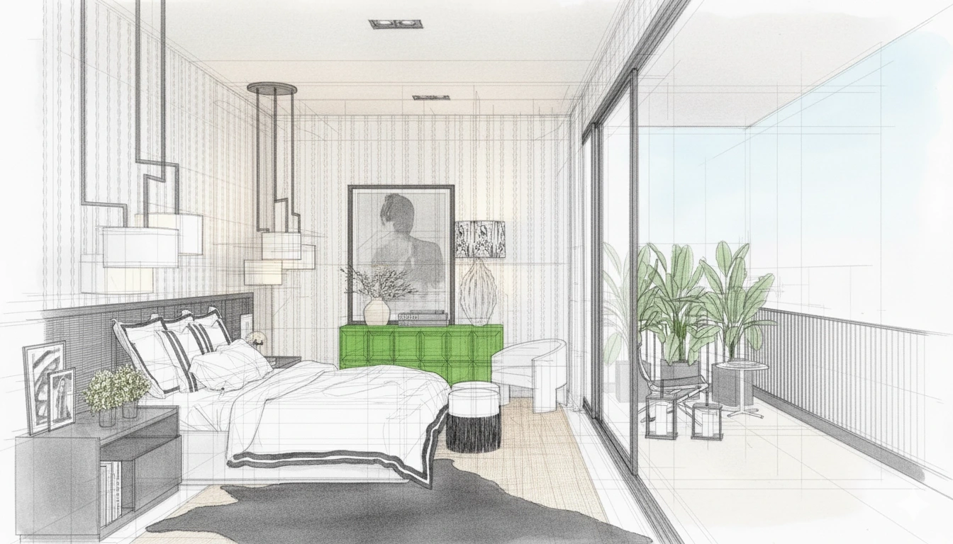 Desenho ilustrativo de projeto de decoração de um quarto de casal em tons de preto, branco e verde com cabeceira de cama em palhinha e ampla varanda