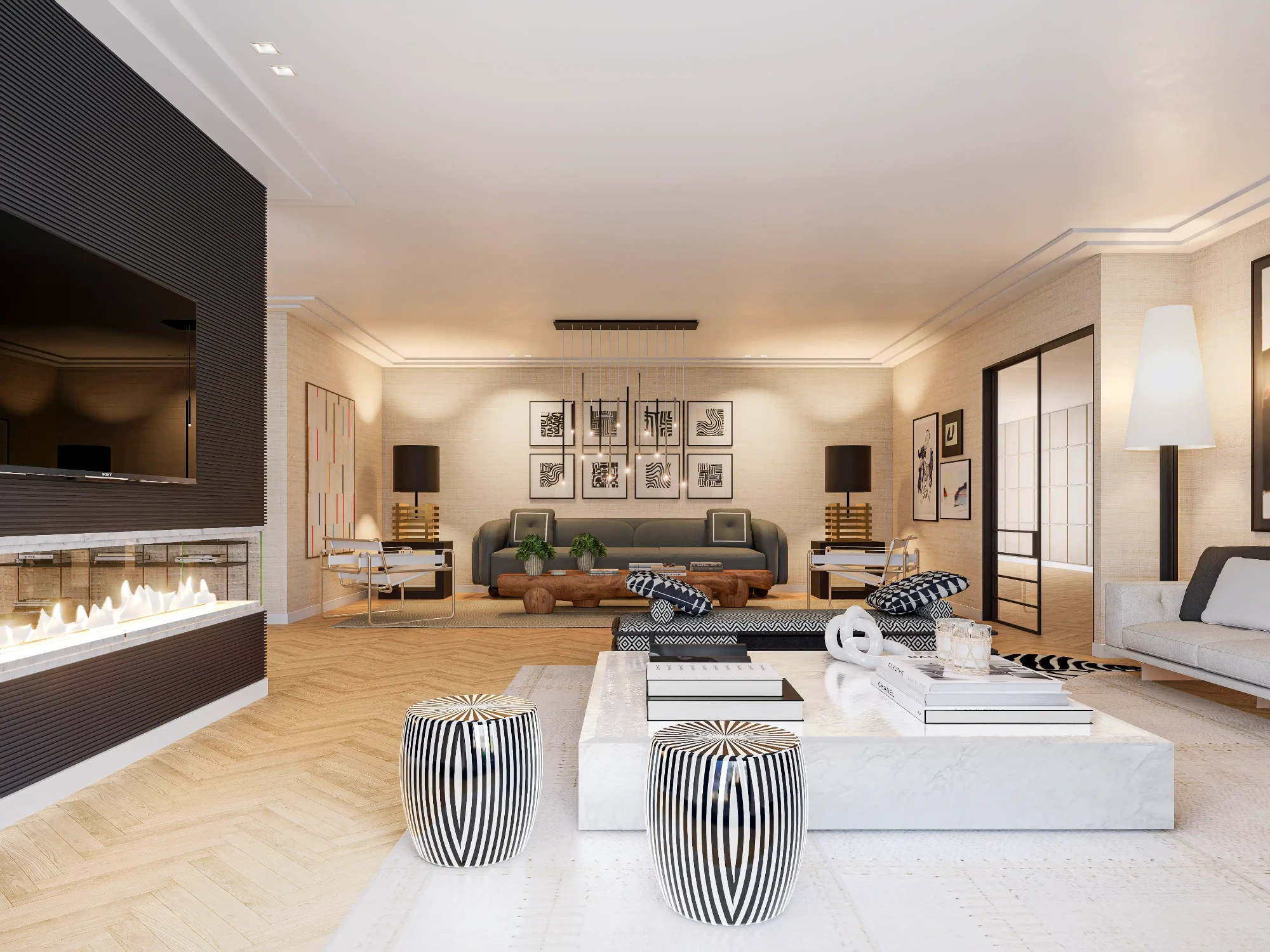 Sala com decoração contemporâna, lareira de 3 frentes revestida a painel ripado, sofá cinza ao fundo, mesa de centro rústica, cadeiras de design