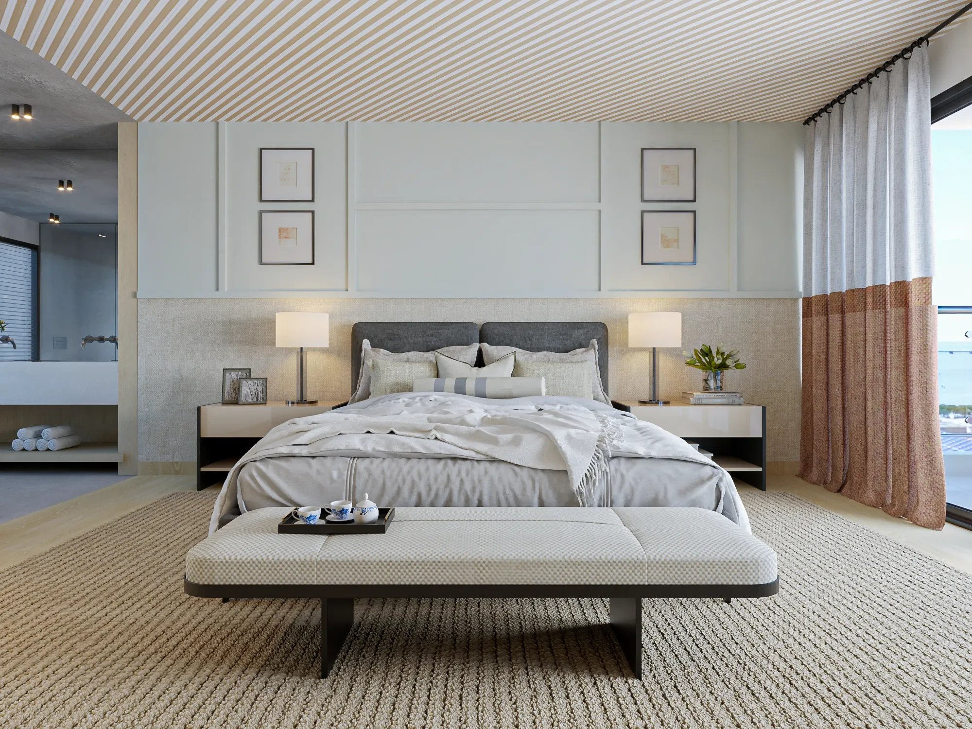 Decorção de suite principal em tons neutros, cama confortável, cabeceira de cama estofada e papel de parede de riscas no teto