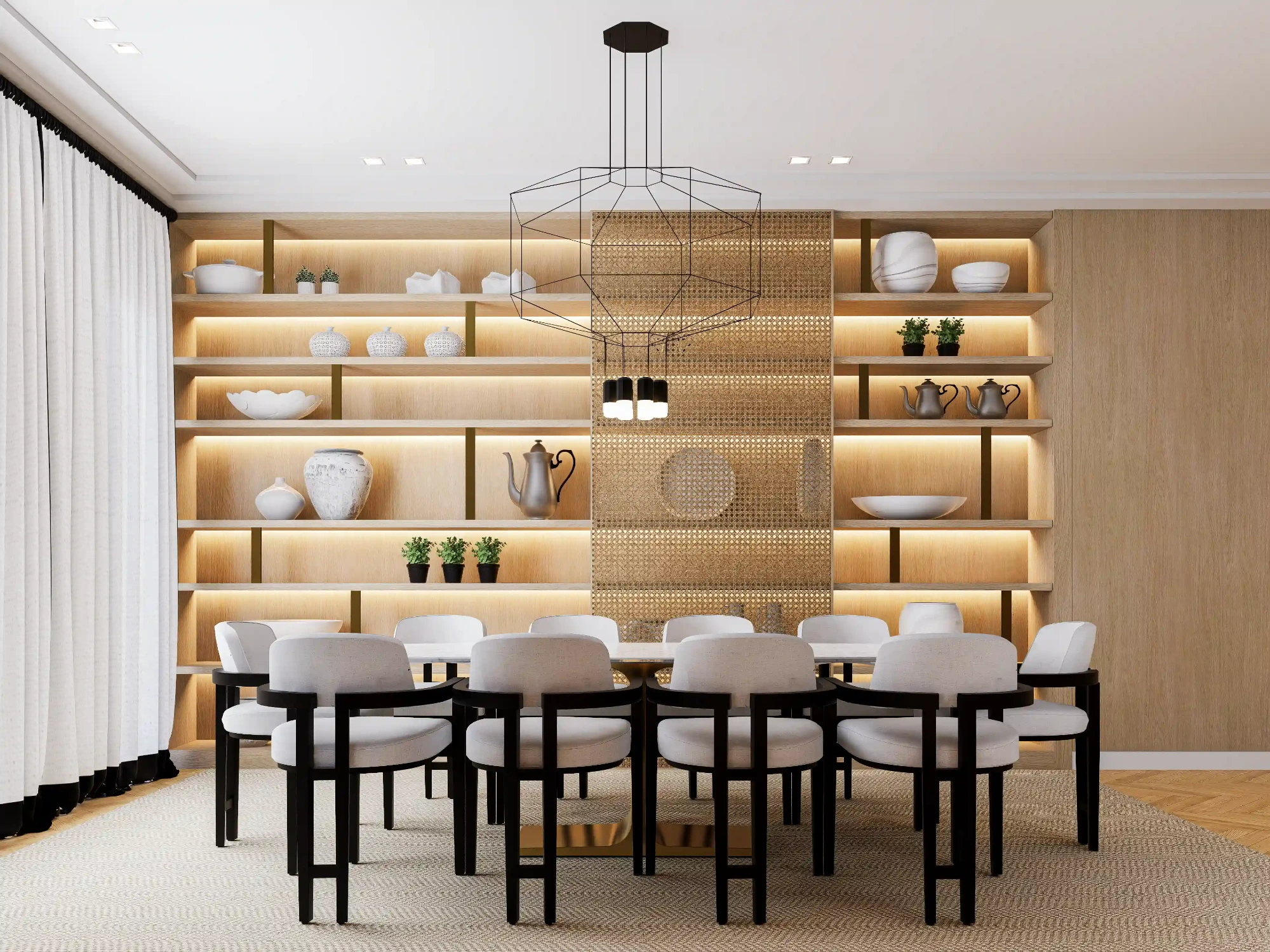 Decoração de sala de jantar com mesa de tampo de mármore, cadeiras contemporâneas e estante louceiro com porta deslizante em palhinha