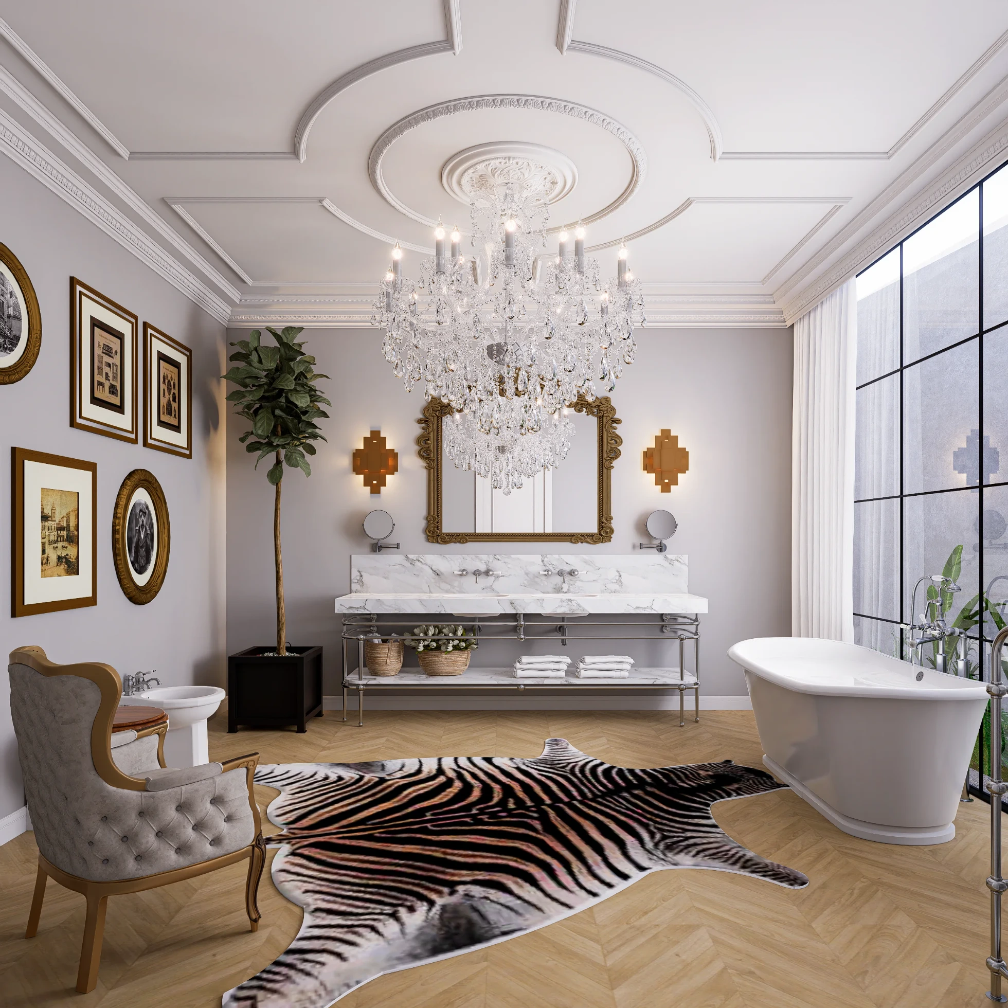 Projeto de casa de banho de estilo clássico com muita luz natural vinda da grande janela à direita, um enorme lustre e apliques sobre o lavatório