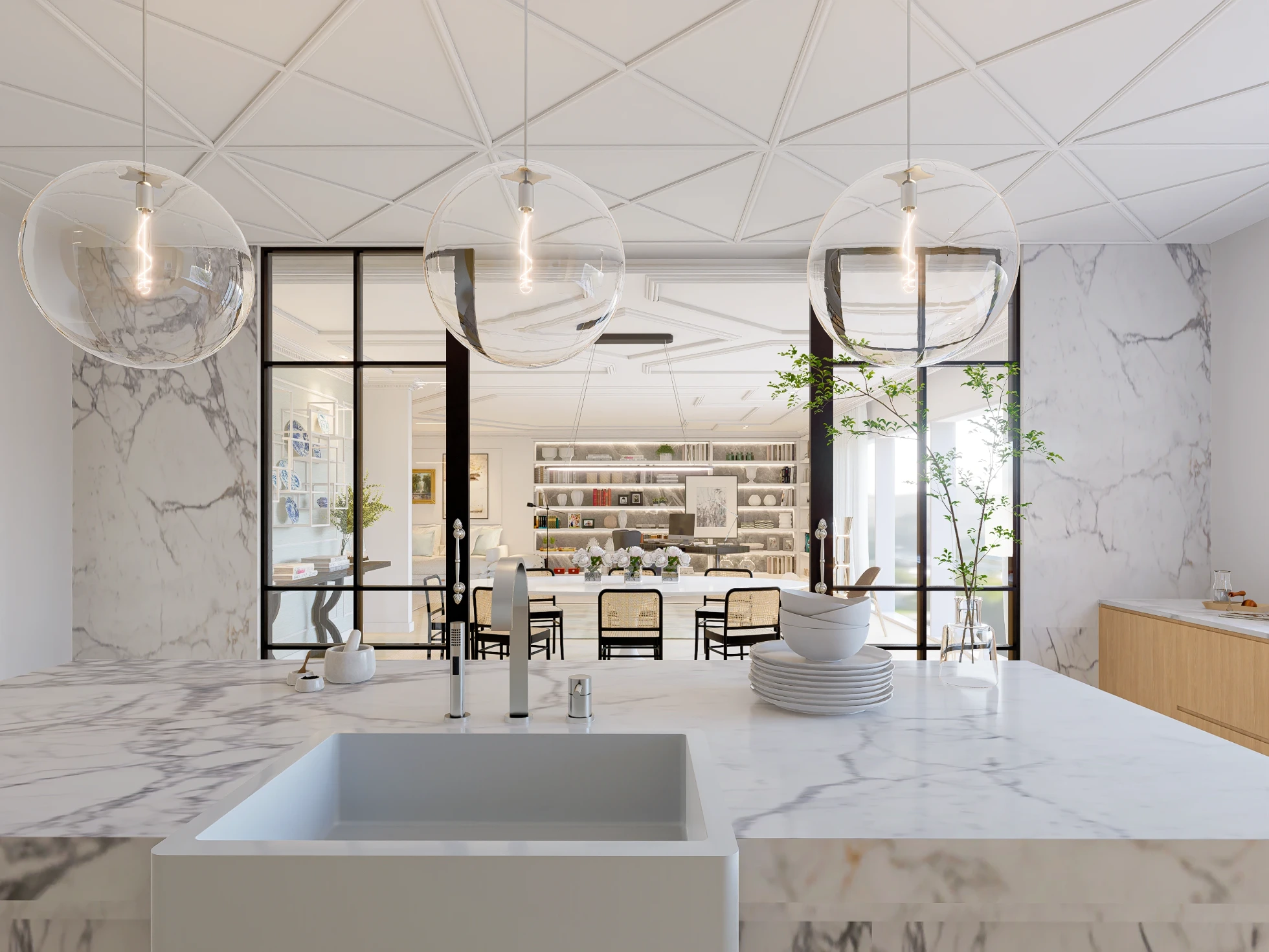 Projeto de cozinha com luminárias pendentes em vidro sobre a ilha 