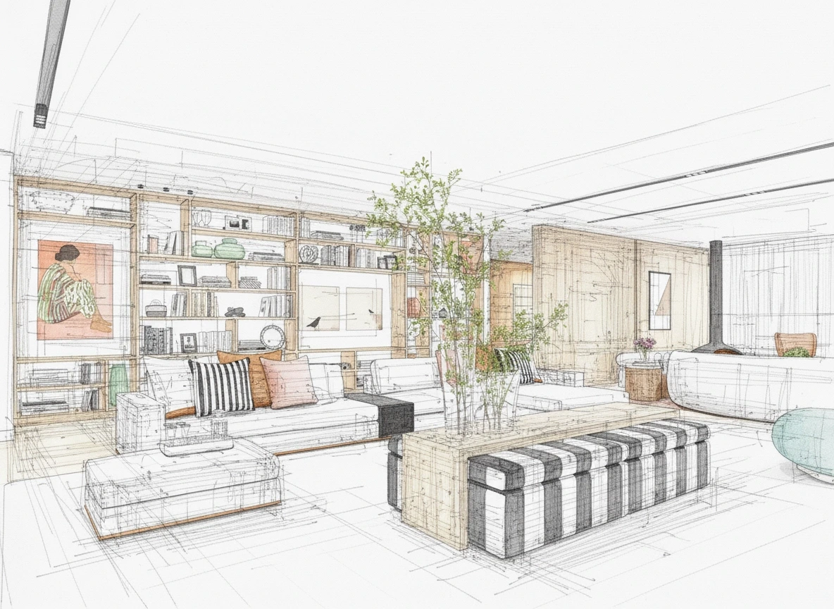 Desenho de projeto de decoração de sala de estar em estilo contemporâneo com estante e sofá branco de linhas retas e pouf com riscas pretas e brancas