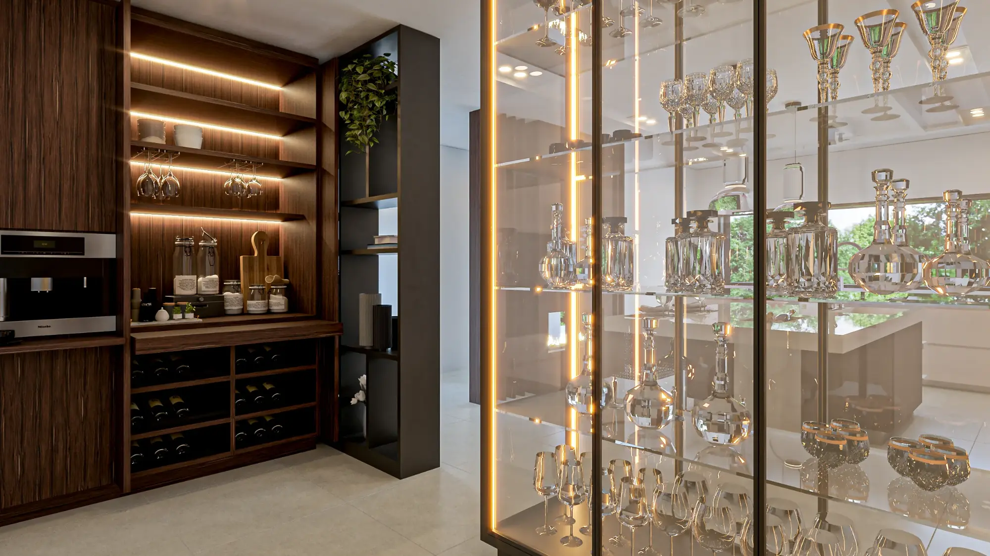 Garrafeira em ébano e louceiro de duas frentes projetados por medida para uma cozinha contemporânea integrada em projeto de arquitetura de uma moradia