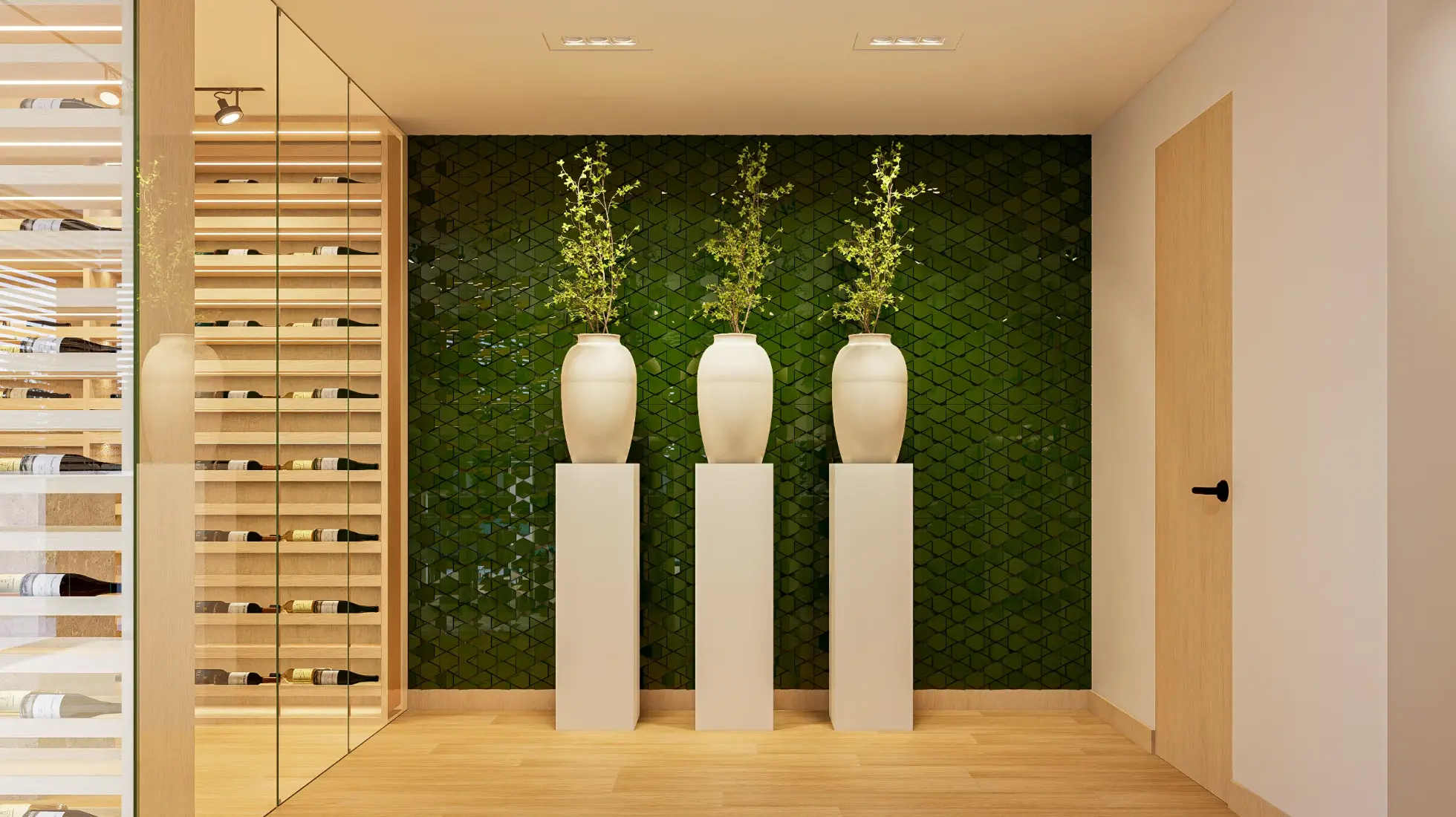 Entrada de cozinha com parede revestida a azulejos 3D verdes e três colunas com vasos de verdura, ao lado garrafeira desenhada por medida