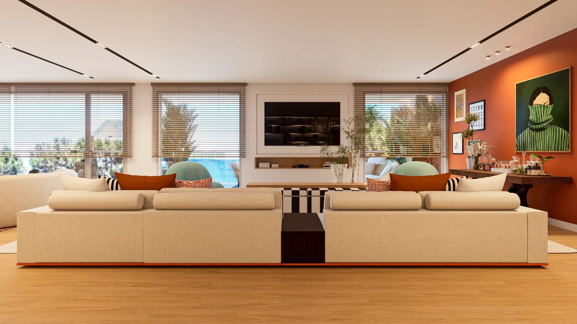 Sala de estar contemporânea com sofá modular branco, parede de fundo terracota decorada com quadros de vários estilos