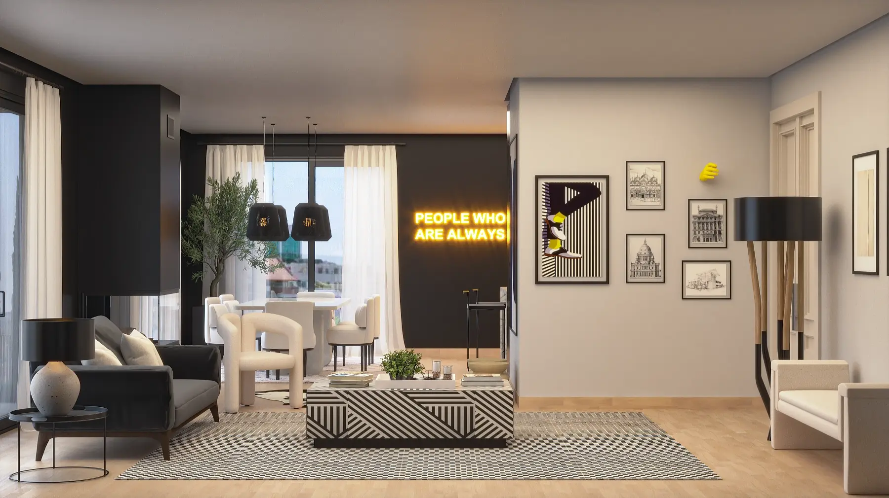 Sala contemporânea com sofá preto, cadeirões brancos, mesa de centro com padrão geométrico, iluminação de néon decorativa na parede e quadros