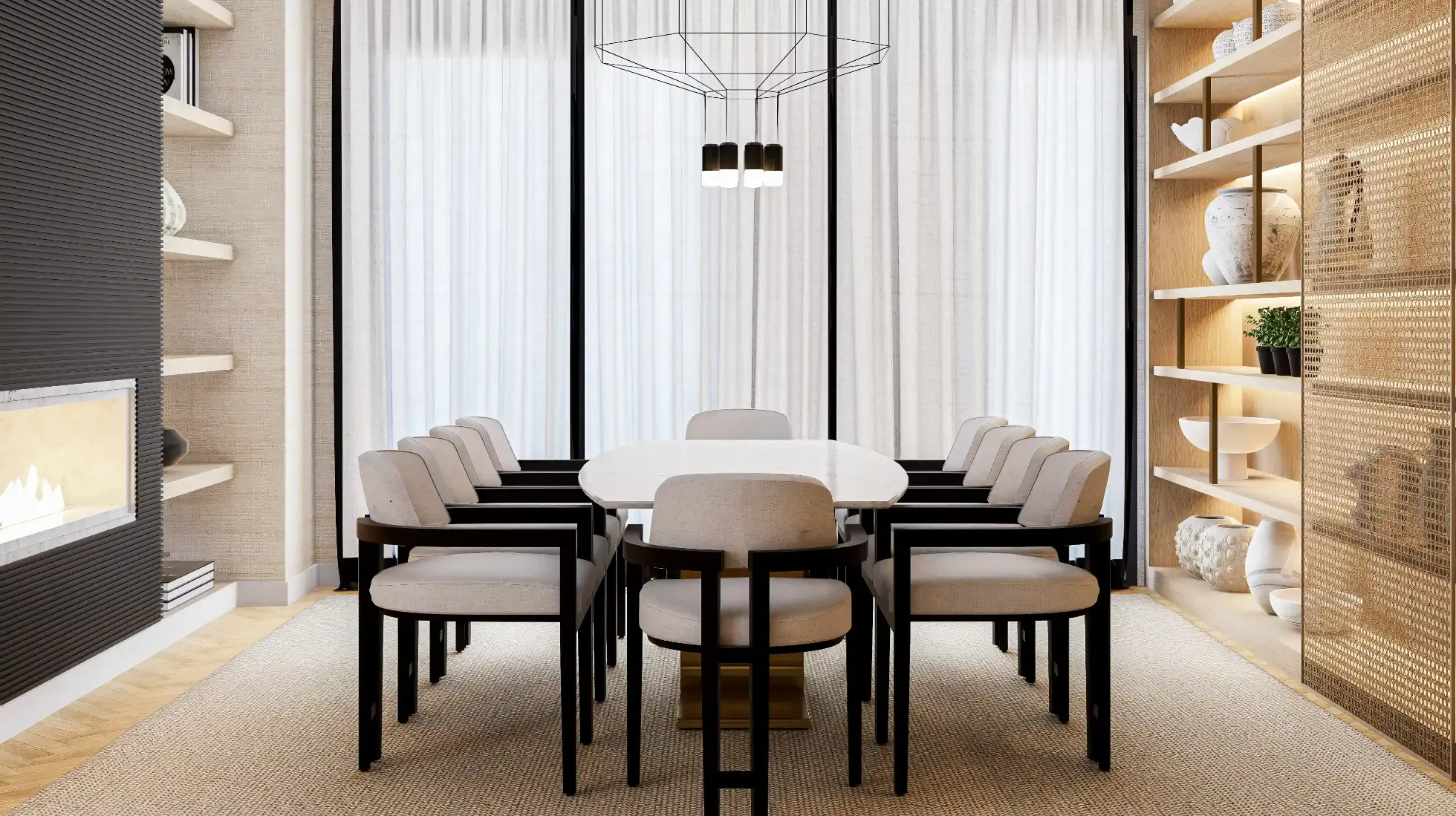 Sala de jantar em estilo contemporâneo com mesa em mármore branco, candeeiro de design, cadeiras com estofo branco e estante personalizada