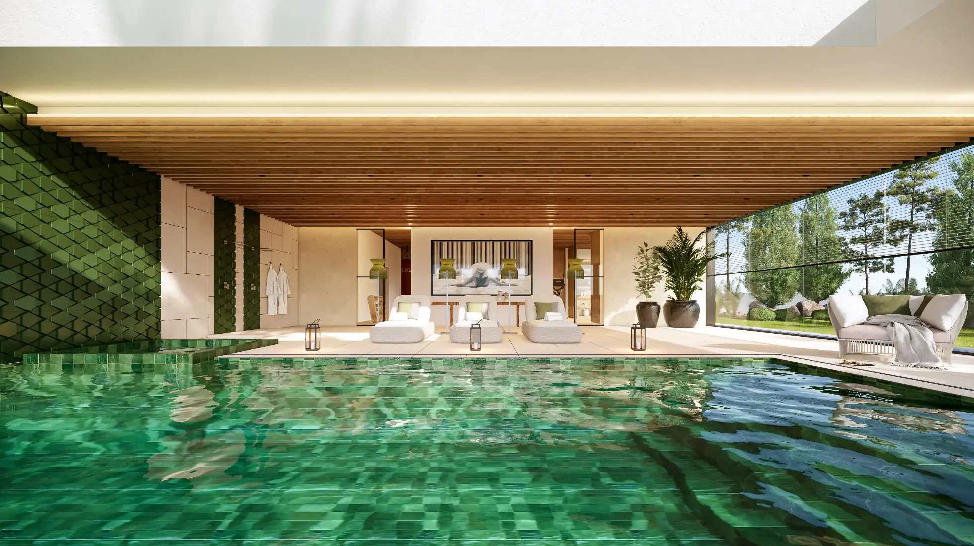 Piscina interior revestida a azulejos manuais verdes, teto com grande claraboia, zona lounge com espreguiçadeiras e cadeirões