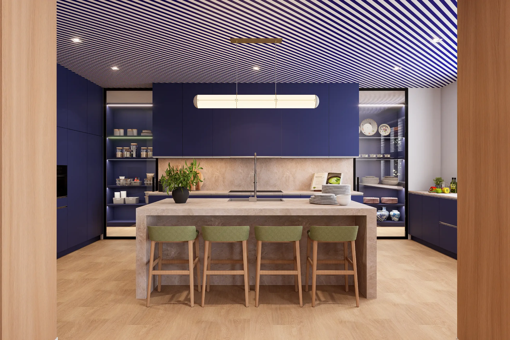 Cozinha com móveis lacados a azul e ilha revestida a pedra beige