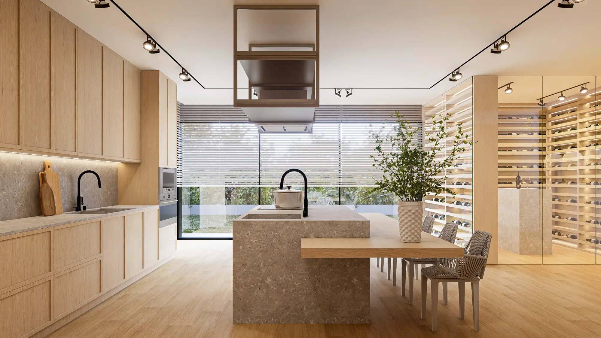 Cozinha contemporânea de moradia de luxo com ilha central em pedra com zona de refeições, armários em carvalho, e garrafeira personalizada