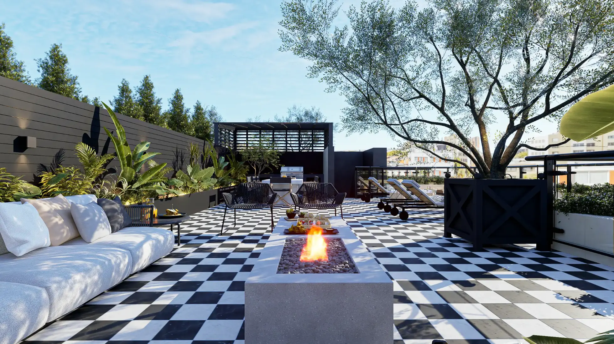 Terraço rooftop contemporâneo com pavimento em xadrez preto e branco, sofá branco em L, lareira de exterior, cadeiras de design e vegeratção tropical