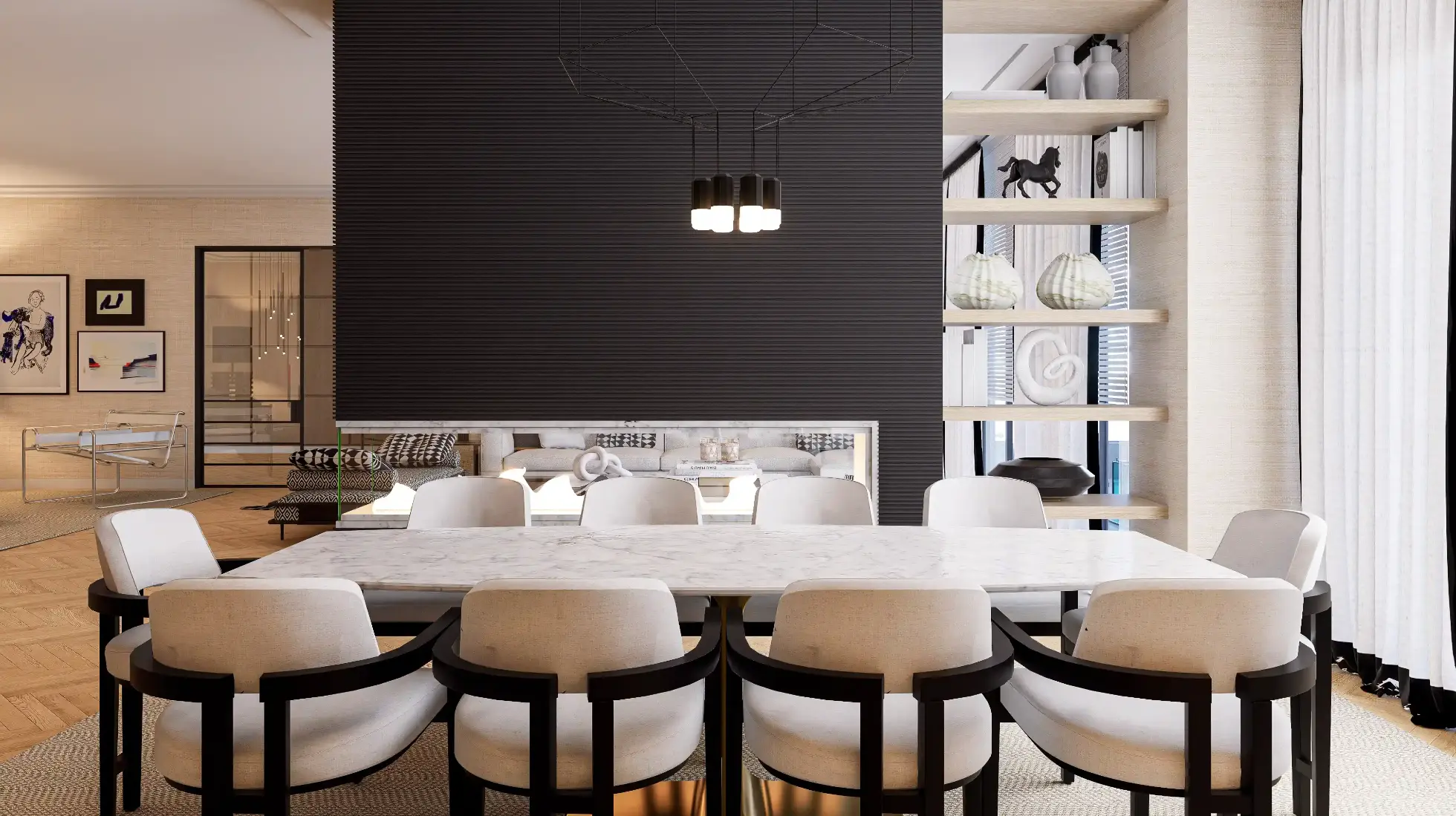 Sala de jantar com decoração contemporânea, mesa em mármore, cadeiras estofadas de design minimalista,  lareira de três frentes