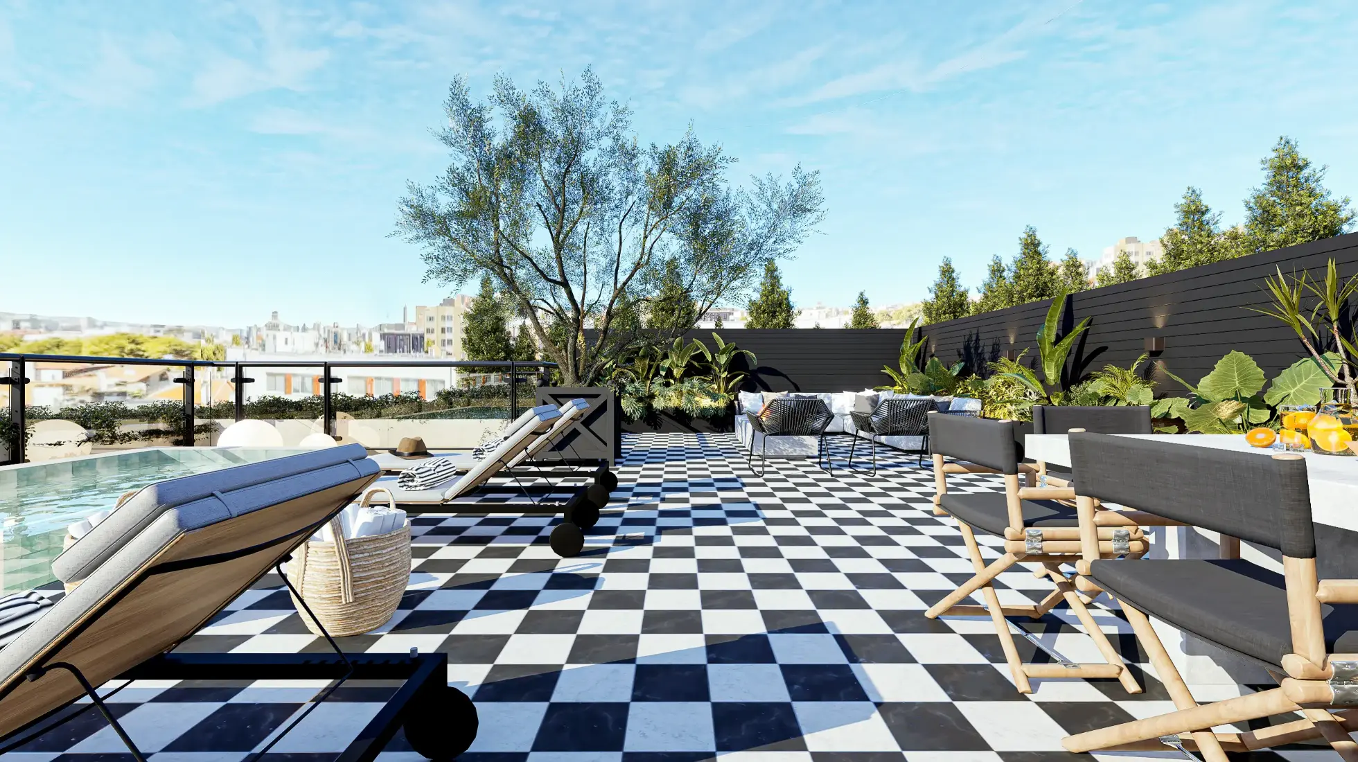 Terraço com decoração contemporânea, pavimento em mosaico preto e branco, piscina, zona de refeições e deslumbrante vista sobre Lisboa