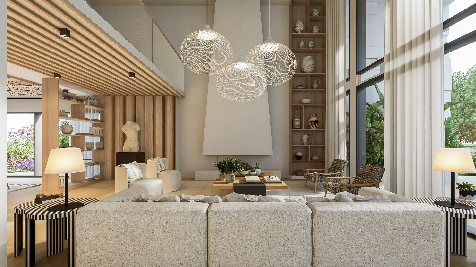 Sala de estar ampla e luminosa de moradia contemporânea em Cascais, sofá em tons neutros, lareira escultural e estante em carvalho