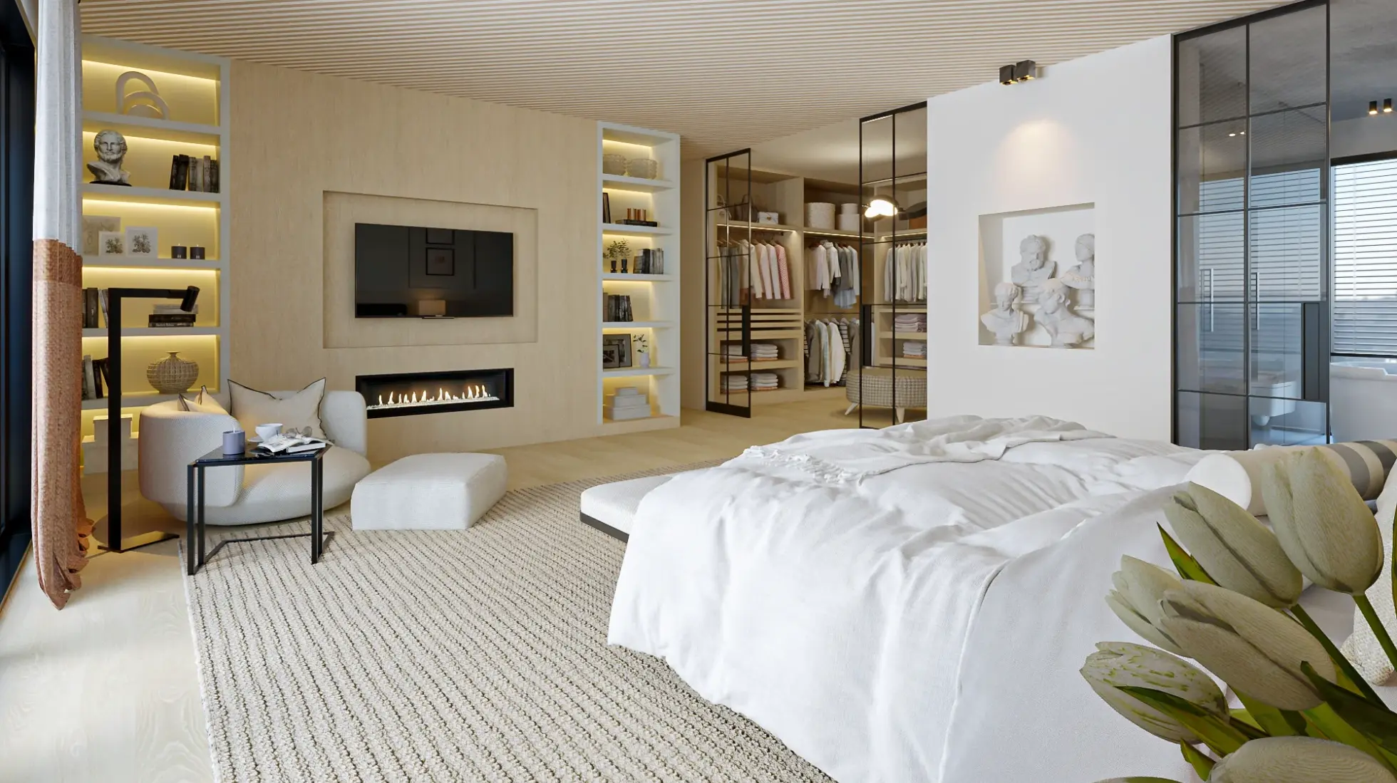 Suíte contemporânea em apartamento de luxo em Lisboa com lareira embutida, closet integrado e decoração contemporânea em tons neutros
